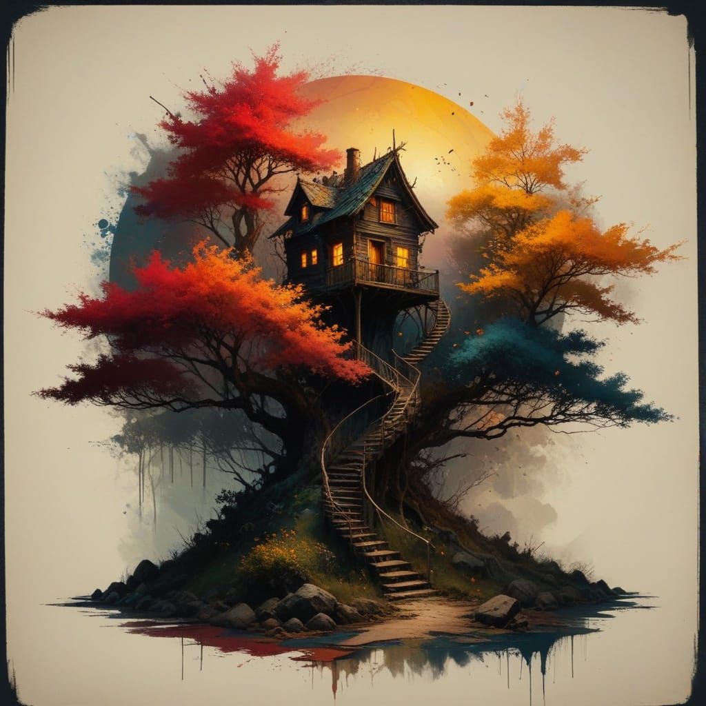 Grunge Autumn Treehouse in a Blood Red Sky