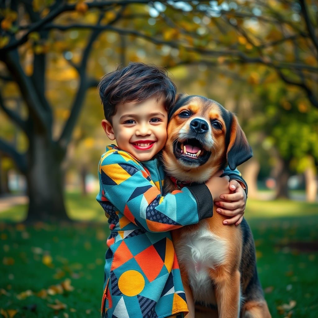 Child and Dog Embrace in Autumn Park, 3D Render