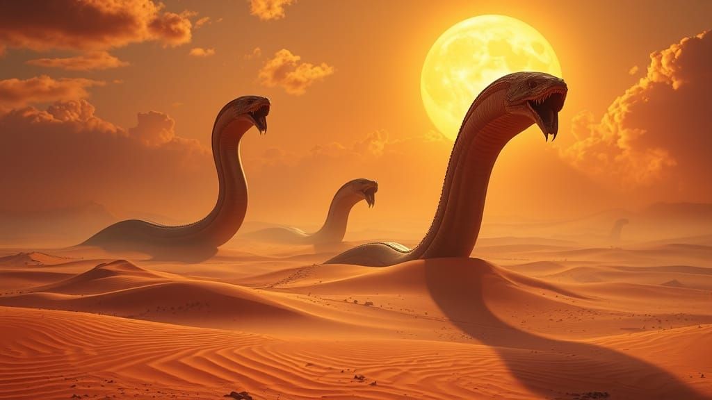 Majestic Sandworms Amidst Arrakis' Golden Dunes