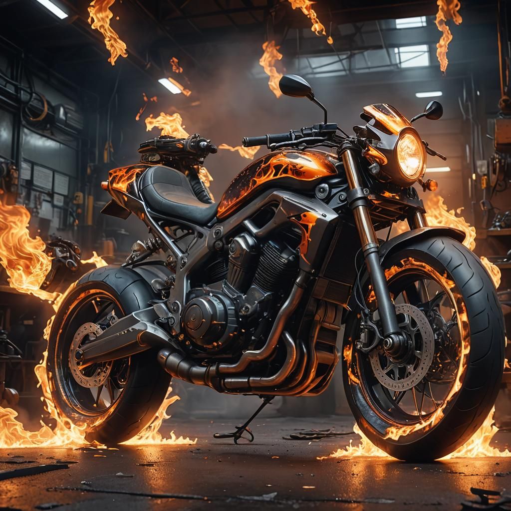 Fiery Motorcycle Gear in Workshop: Digital Matte Painting