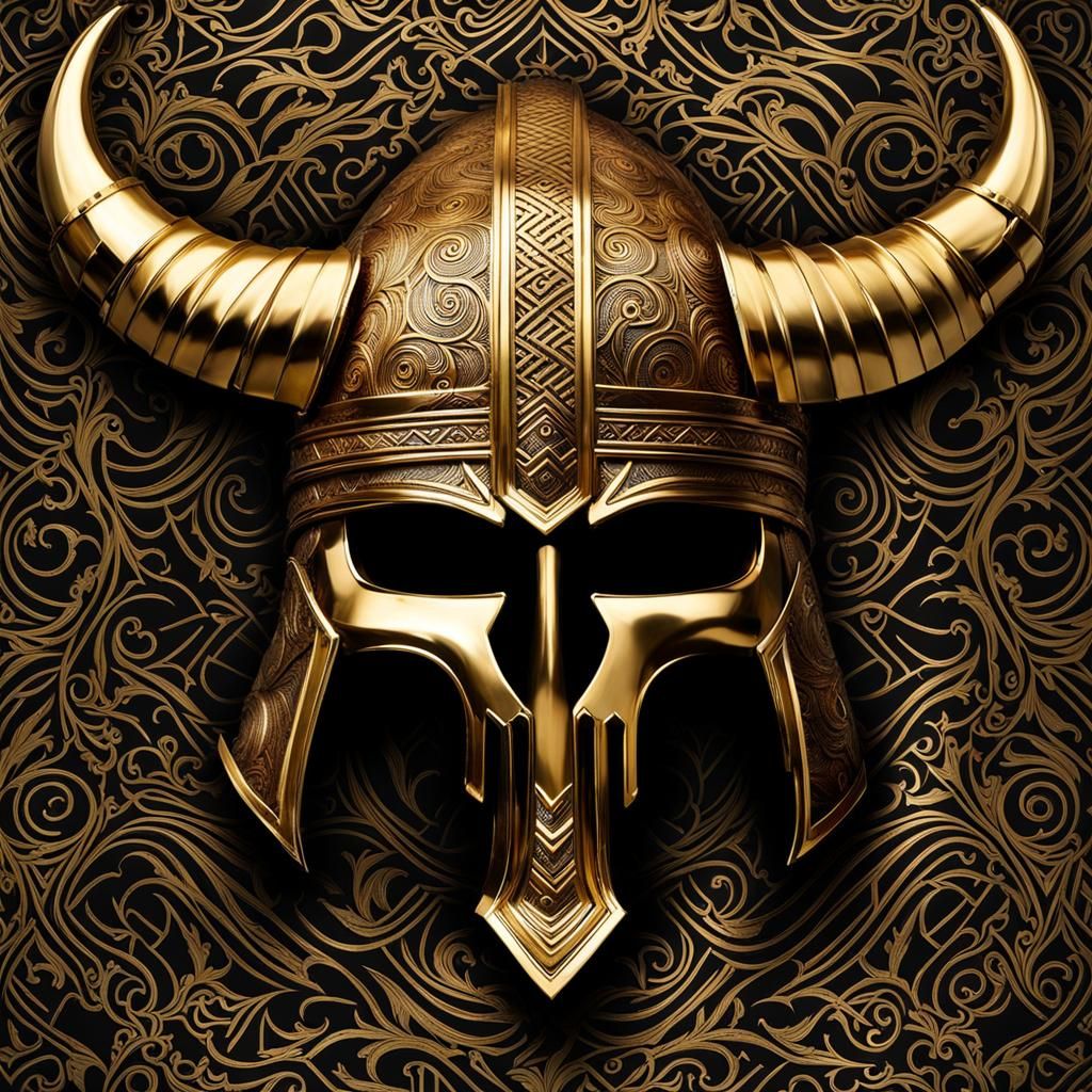 Golden Nordic Berserker Helmet: Fantasy Concept Art