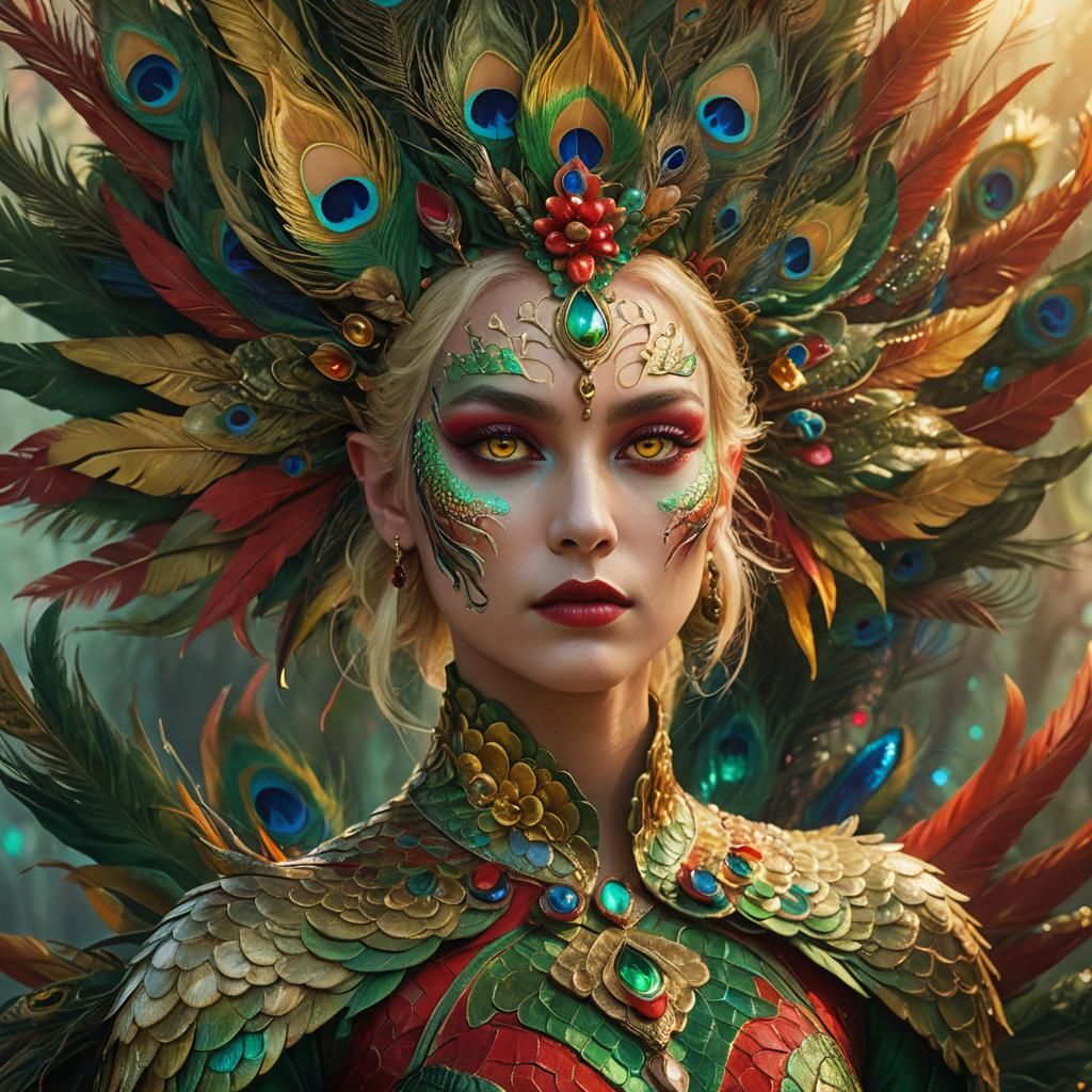 Dragon Peacock Woman in Vibrant Fantasy Art