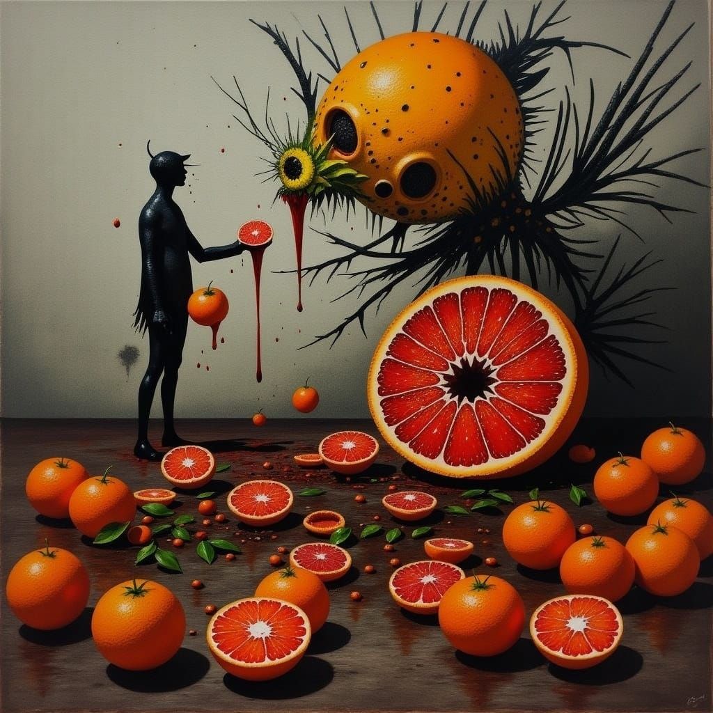 Surreal Figure Devours Vibrant Blood Orange