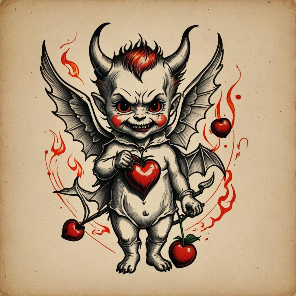 Vintage Devil Valentine Card in Americana Tattoo Style