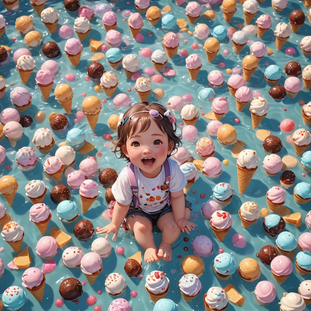 Cute Baby Girl Swimming in Ice Cream, Anime Art