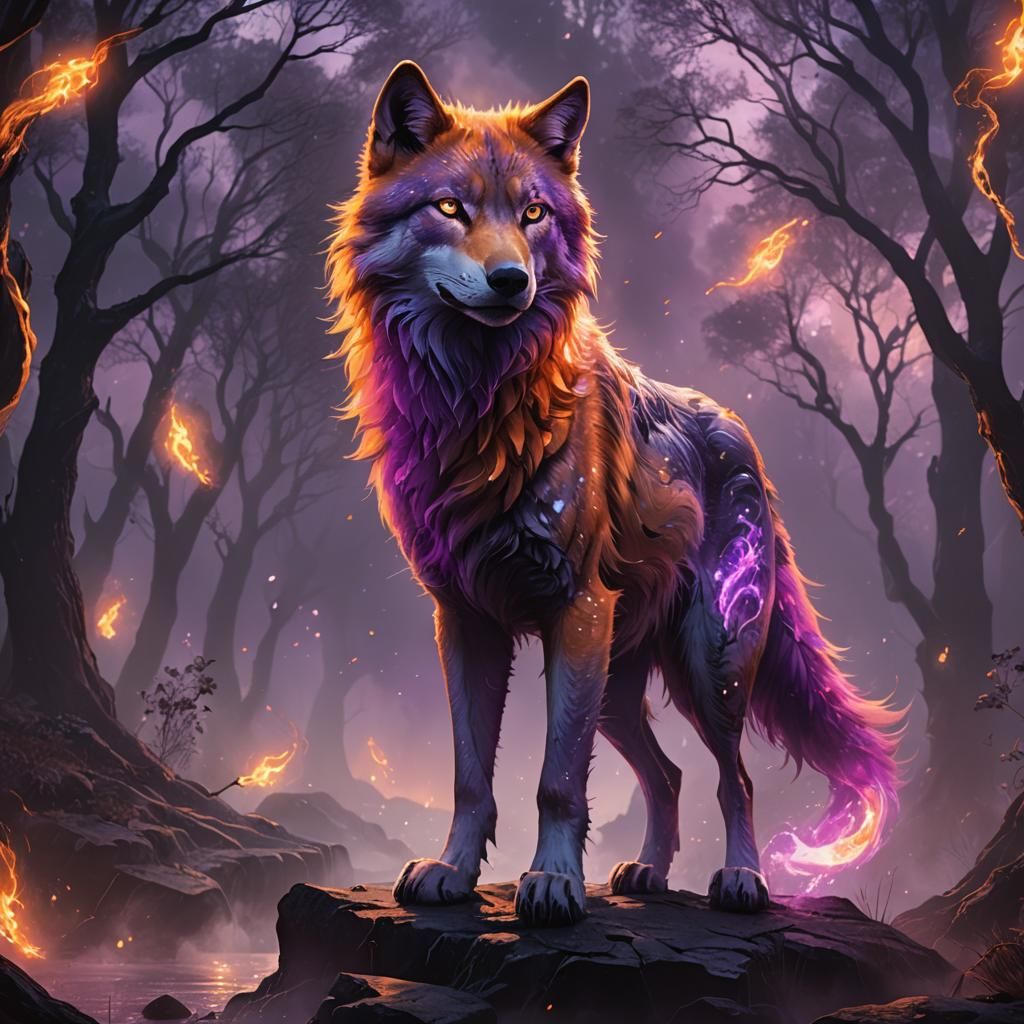 Ethereal Feline Wolf in Dark Fantasy Landscape