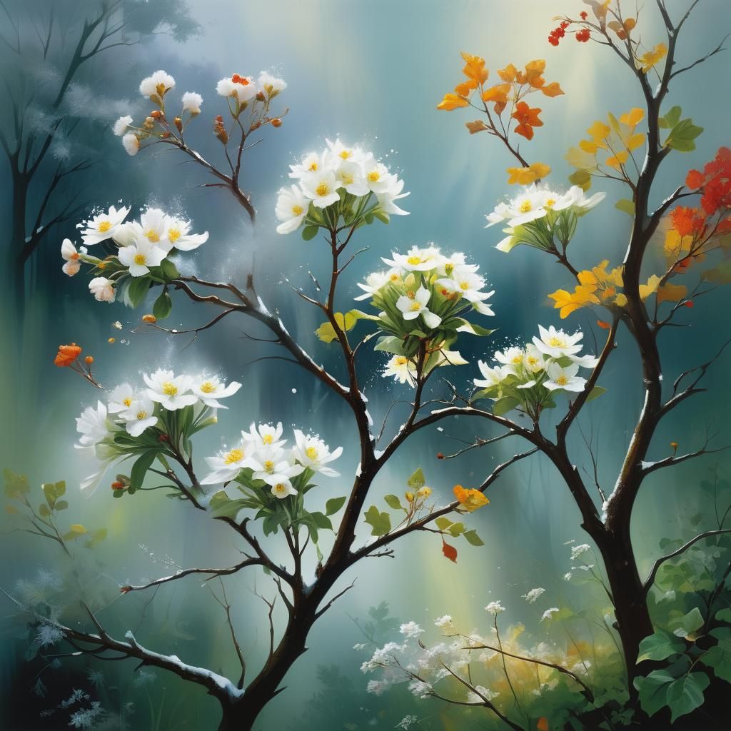 Four Seasons Intertwined in Oil Painting Style