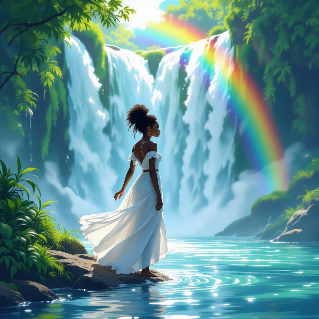 African Woman Leaping Over Waterfall in Sunlight