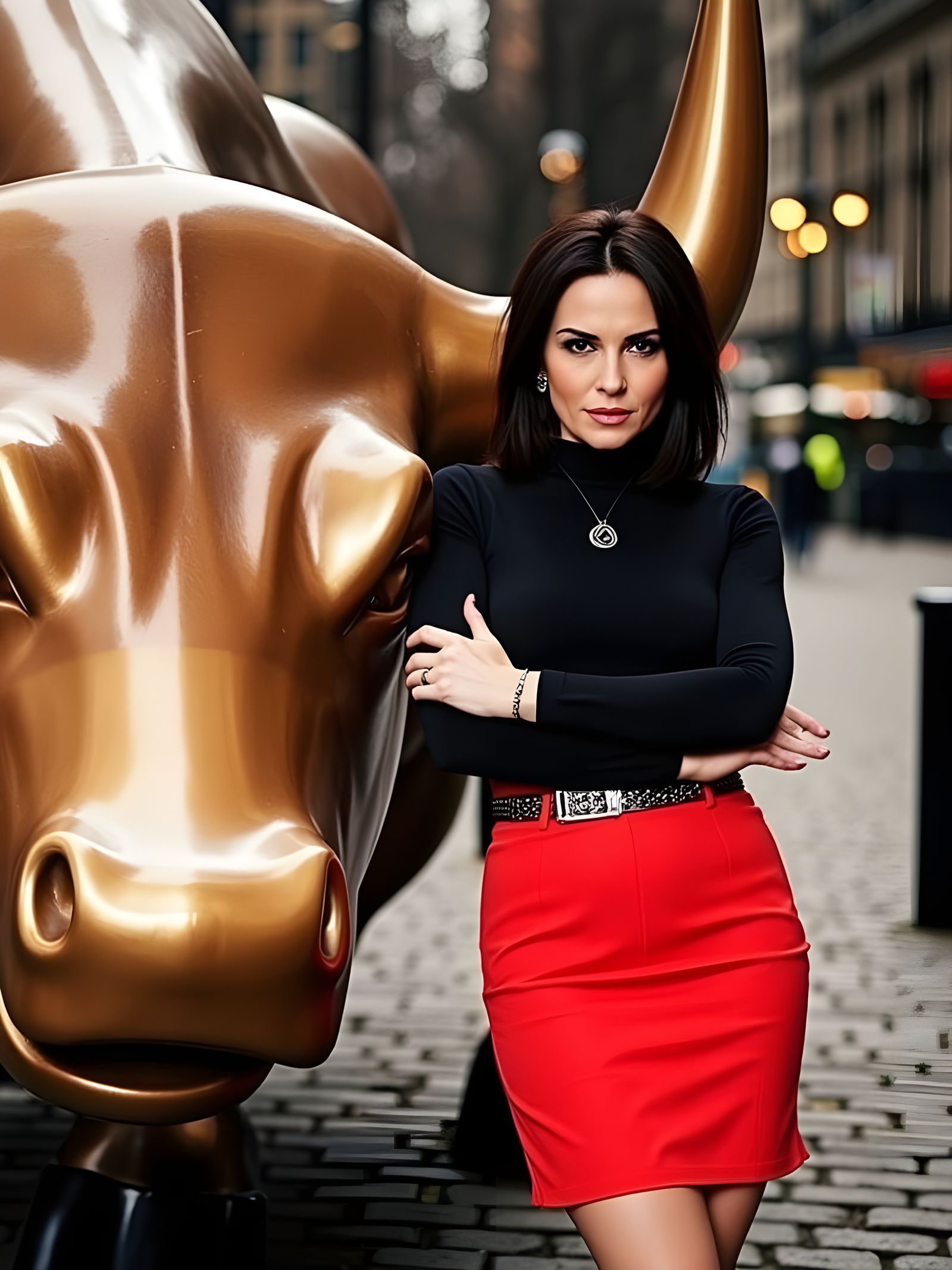 Confident Woman in Red Pencil Skirt Near Charging Bull Statu...