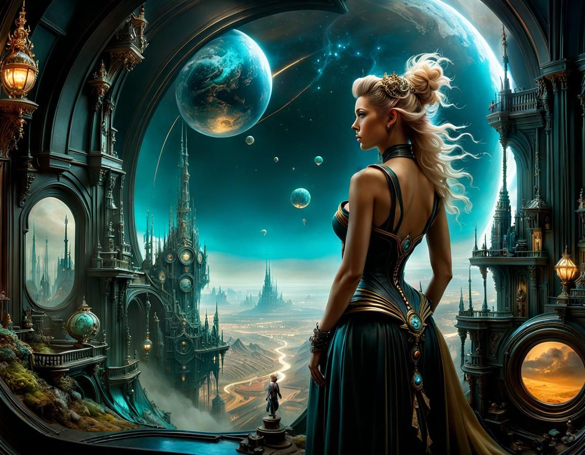 Biopunk Aetherpunk Lady in Miniature Fantasy World