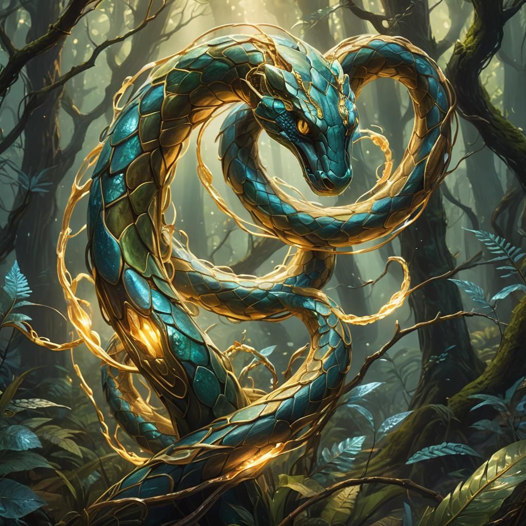 Mystical Sigma Snake in Ancient Forest: Oil Painting