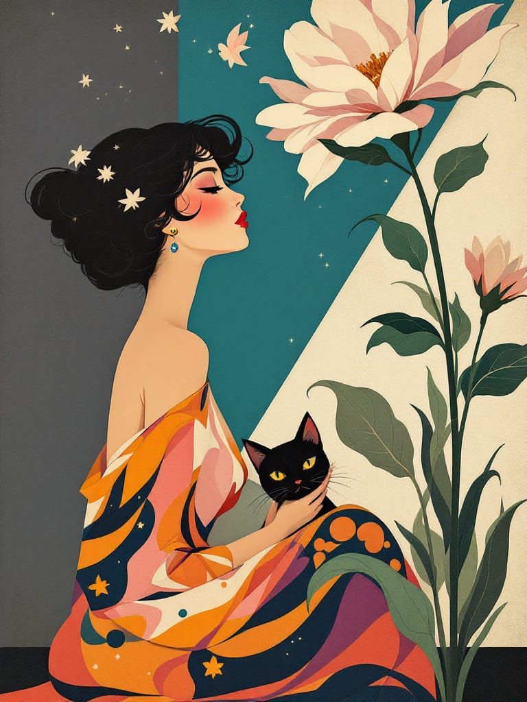 Fauvist Art Nouveau Cat Under Flower in Jewel Tones