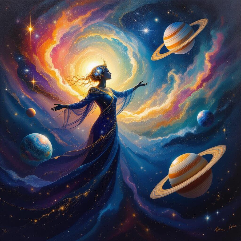 Cosmic Being Conducts Planet Symphony in Vibrant Fantasy Art