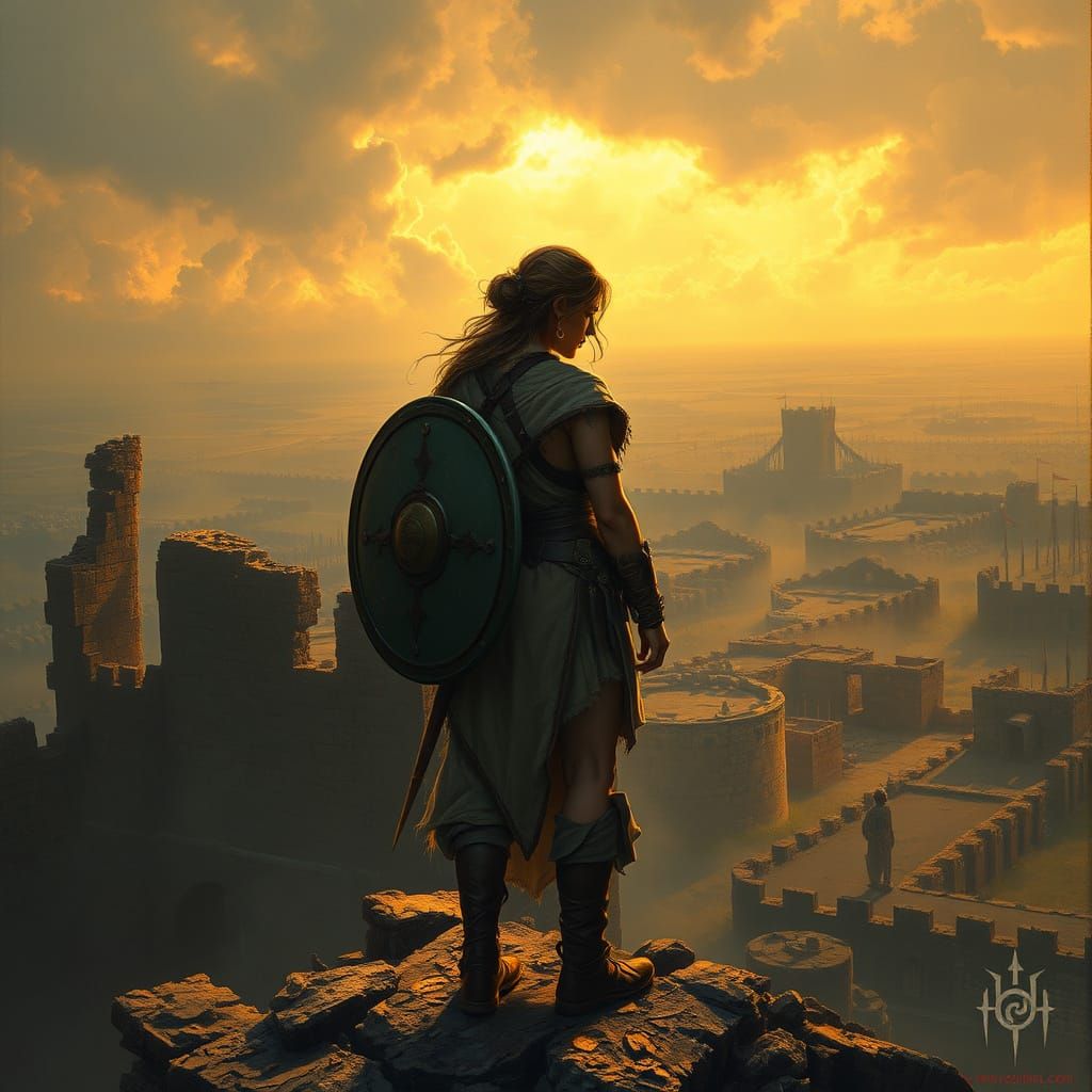 Victorious Shieldmaiden at Dawn, Dramatic Lighting