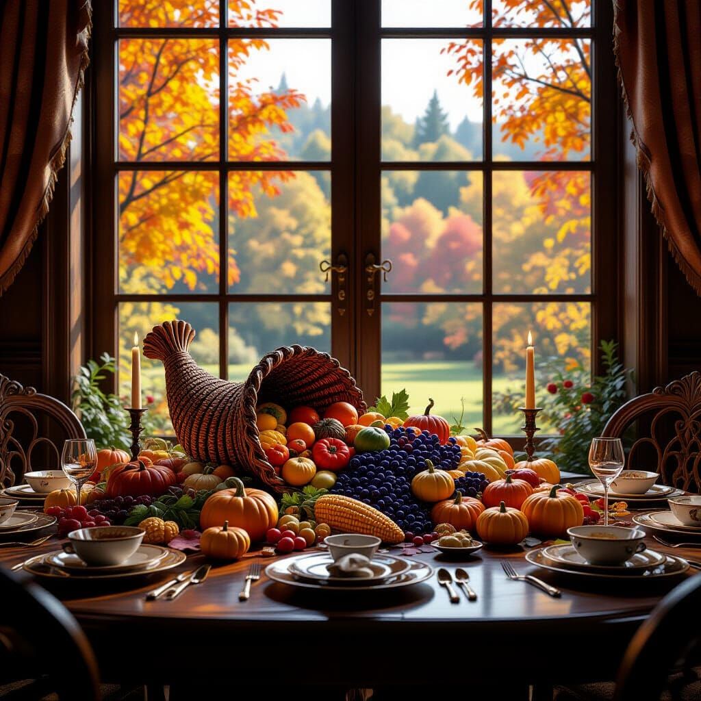 Abundant Autumn Harvest Table Displayed Through Window