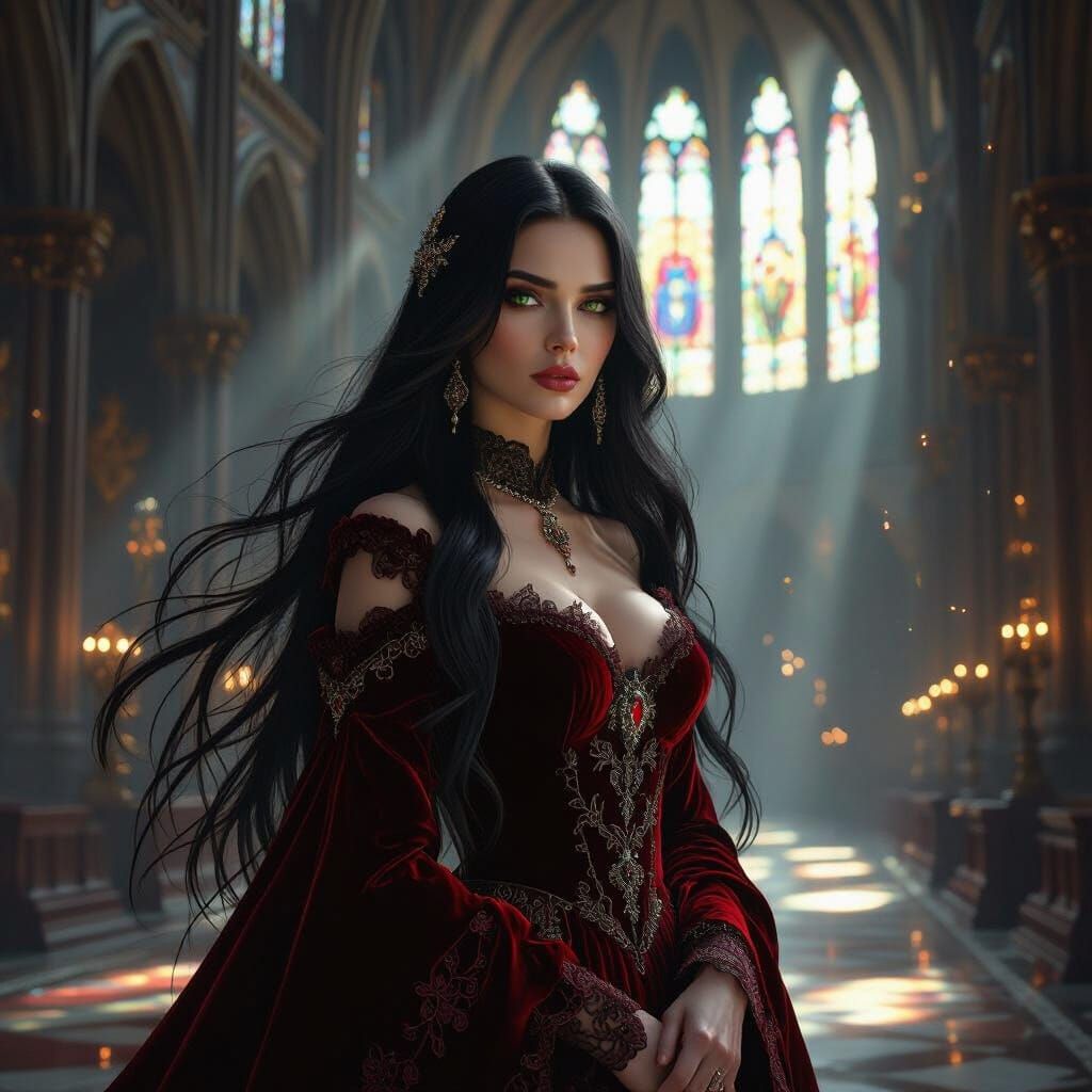 Mysterious Woman in Gothic Cathedral, Pre-Raphaelite Style