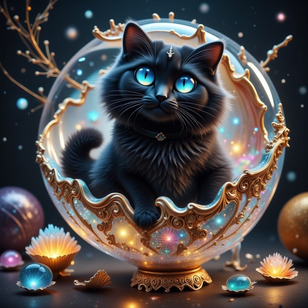 Black kitten in glass orb