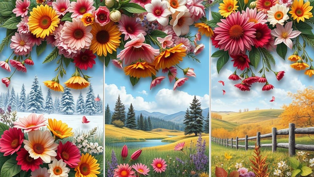 Surreal Floral Triptych Blends Seasons in Vibrant 3D Mixed M...