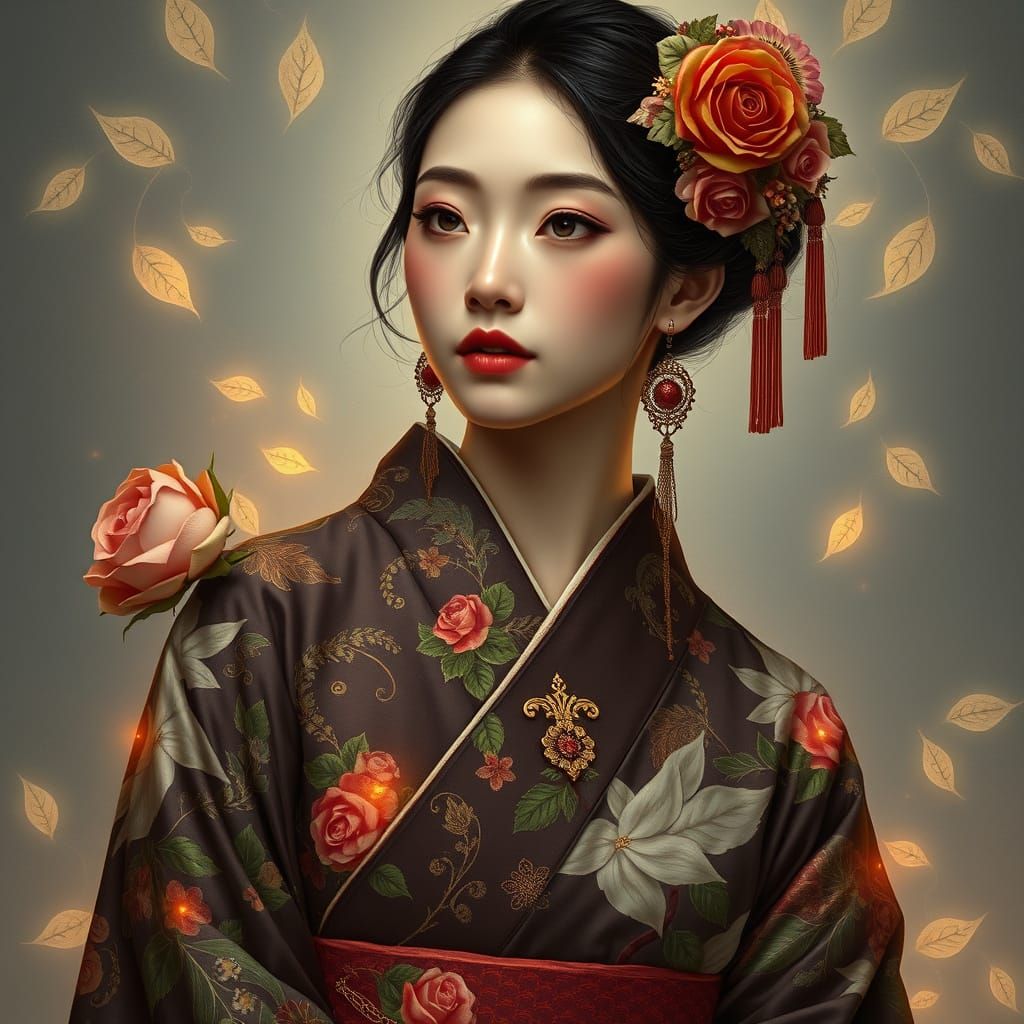 East Asian Woman in Kimono with Roses, Art Nouveau Style