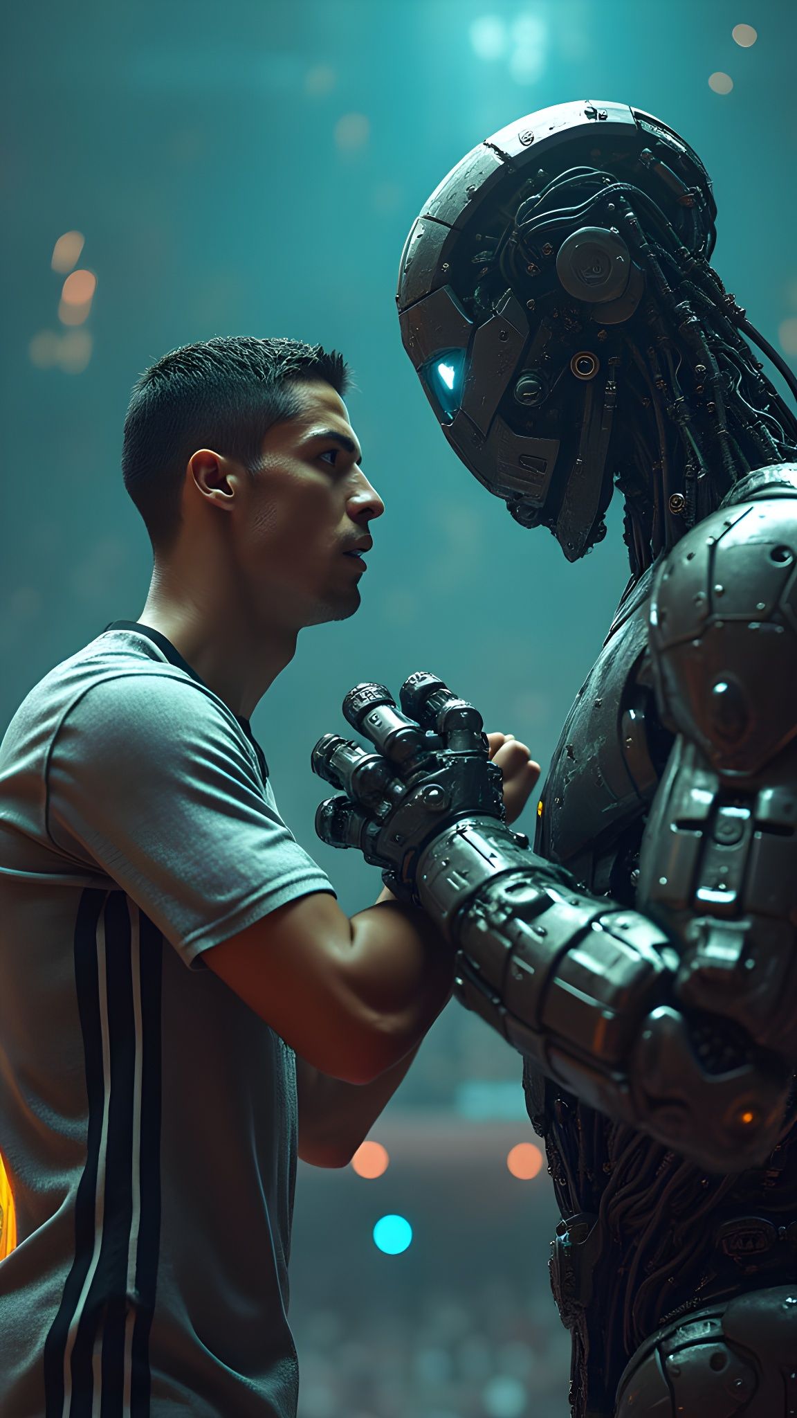 Ronaldo Arm Wrestles Robot in Cyberpunk Arena