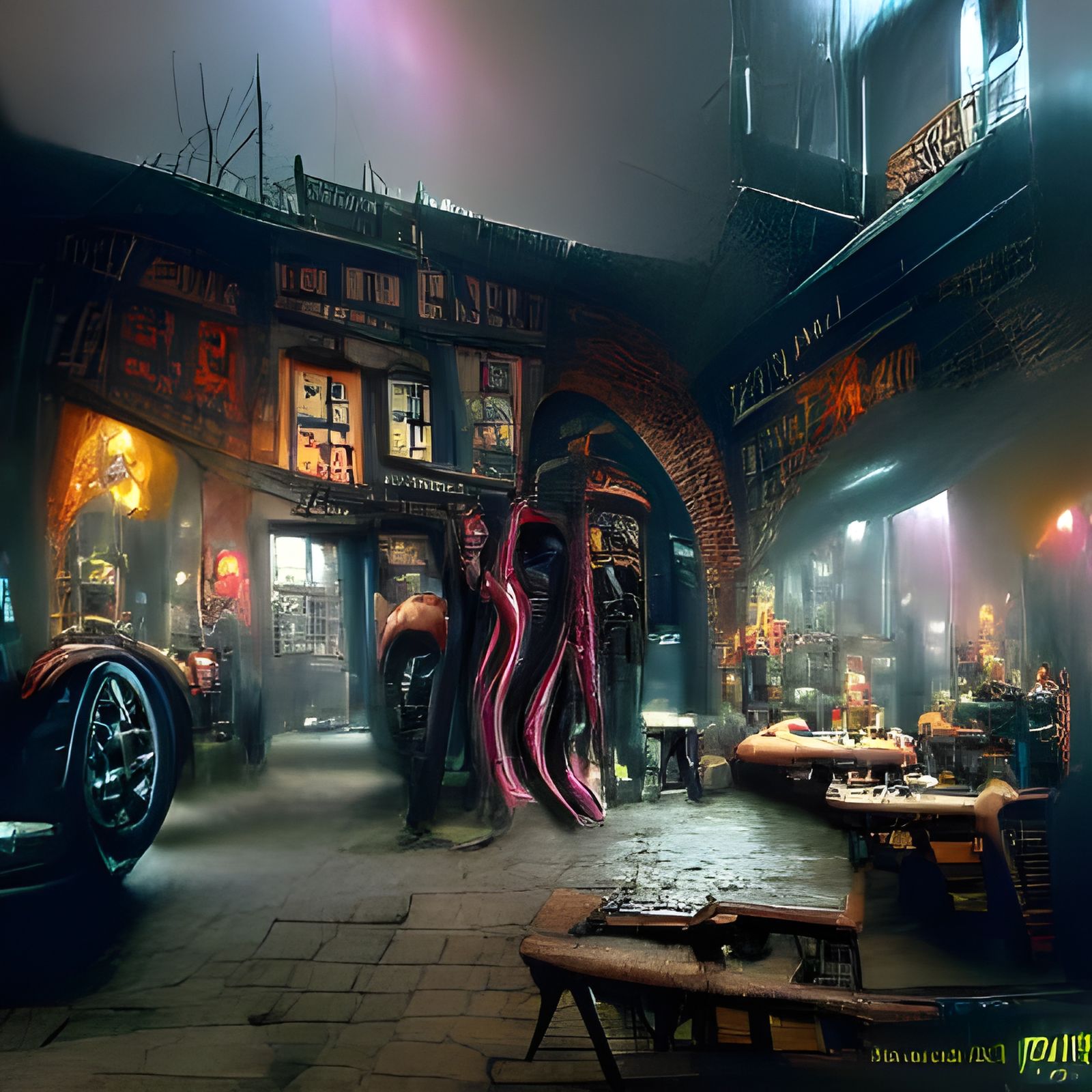 Eldritch Tavern with Tentacle Creatures, Hyperrealistic Pain...