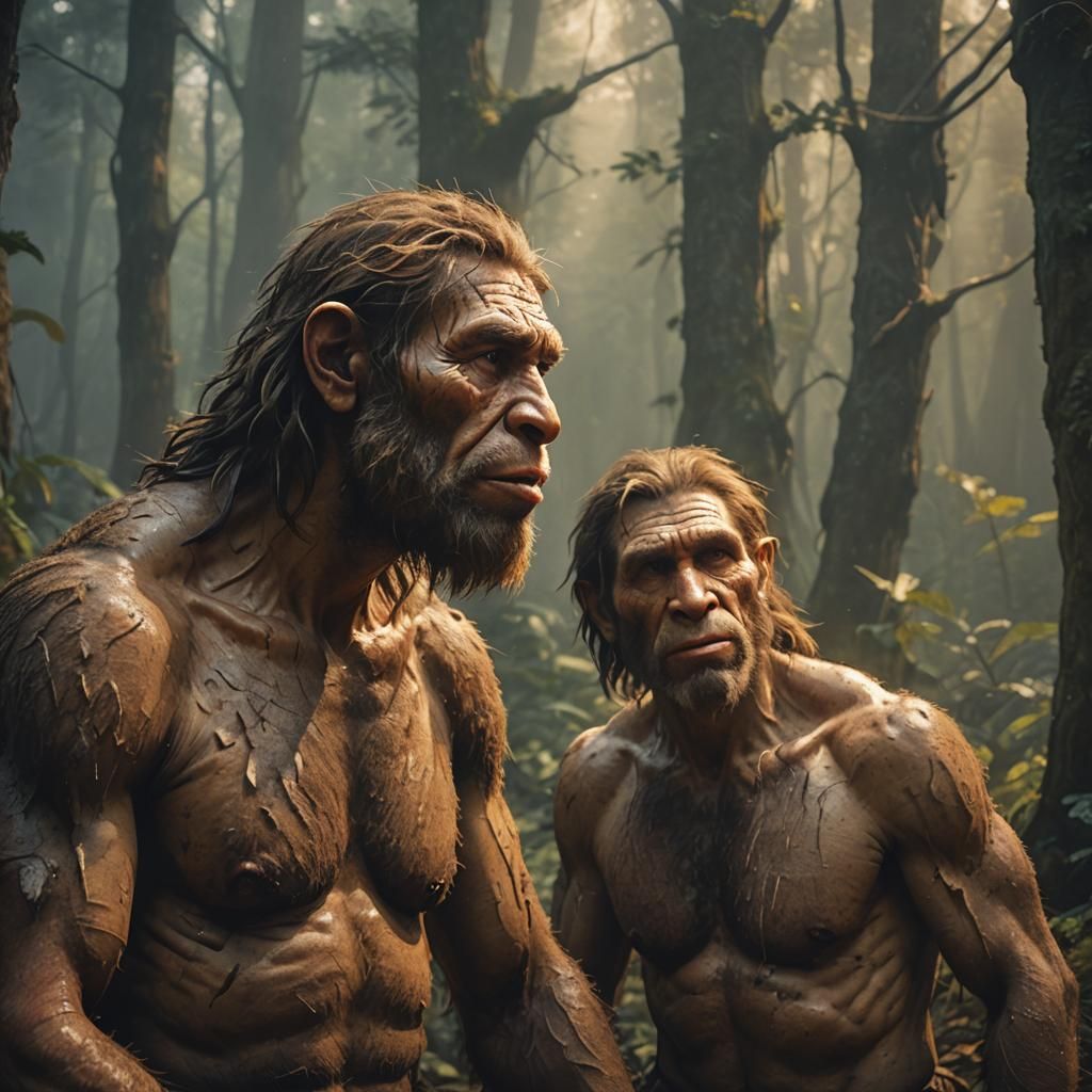 Neanderthal and Homo Sapiens Portrait in Prehistoric Forest