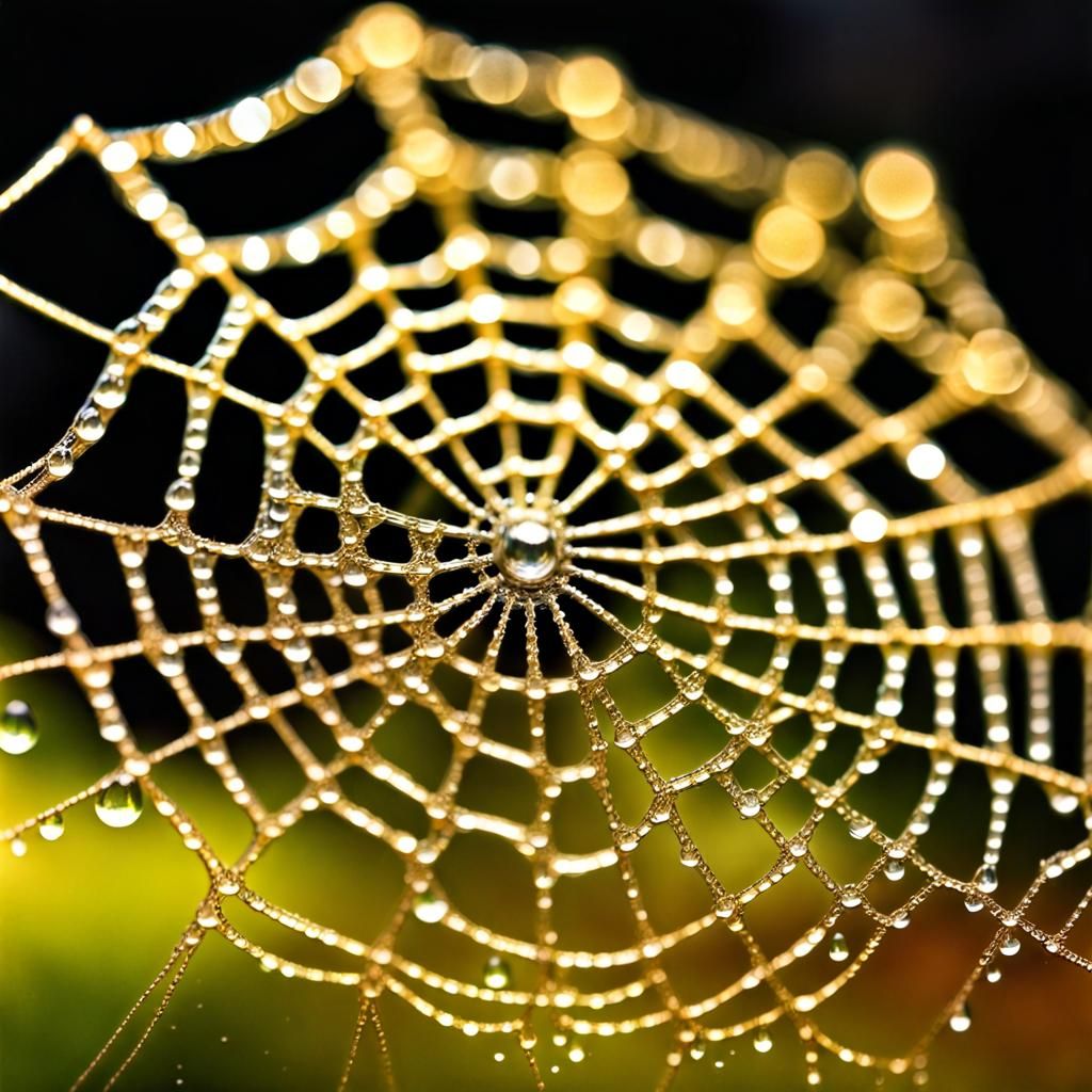 Gold Silk Spiderweb with Sparkling Raindrops: Macro HDR
