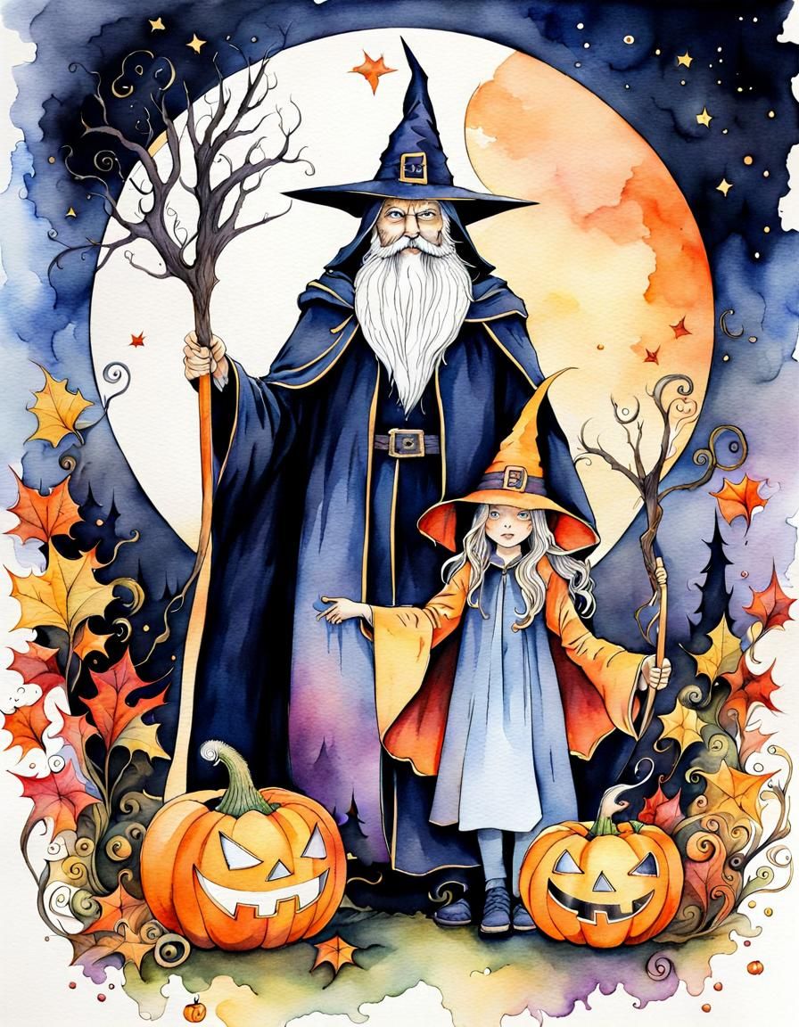 Halloween: Wizard and Witch Watercolor Illustration