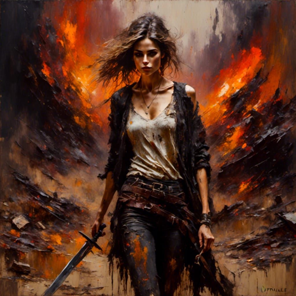 Wasteland Girl with Sword: Impasto Style Portrait