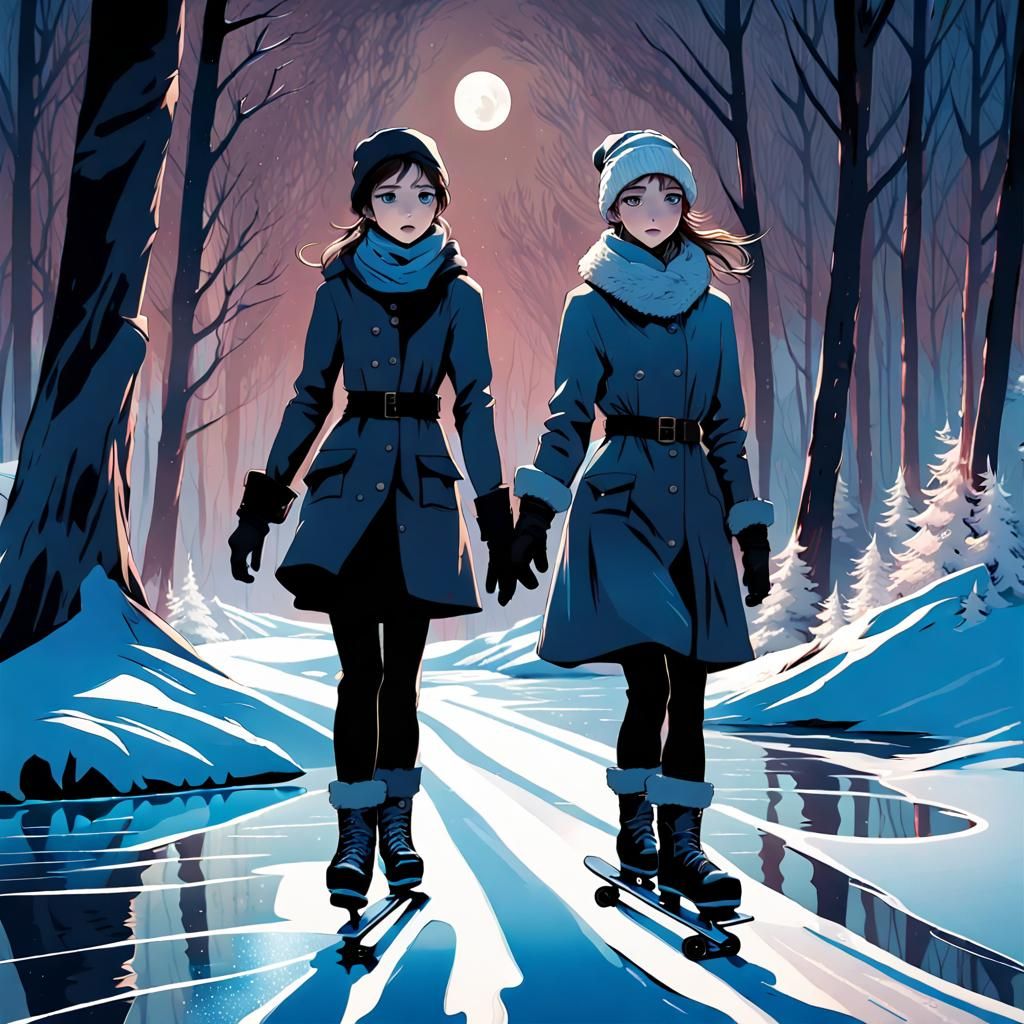 Teenagers Skating on Frozen River, Impasto Ink Style