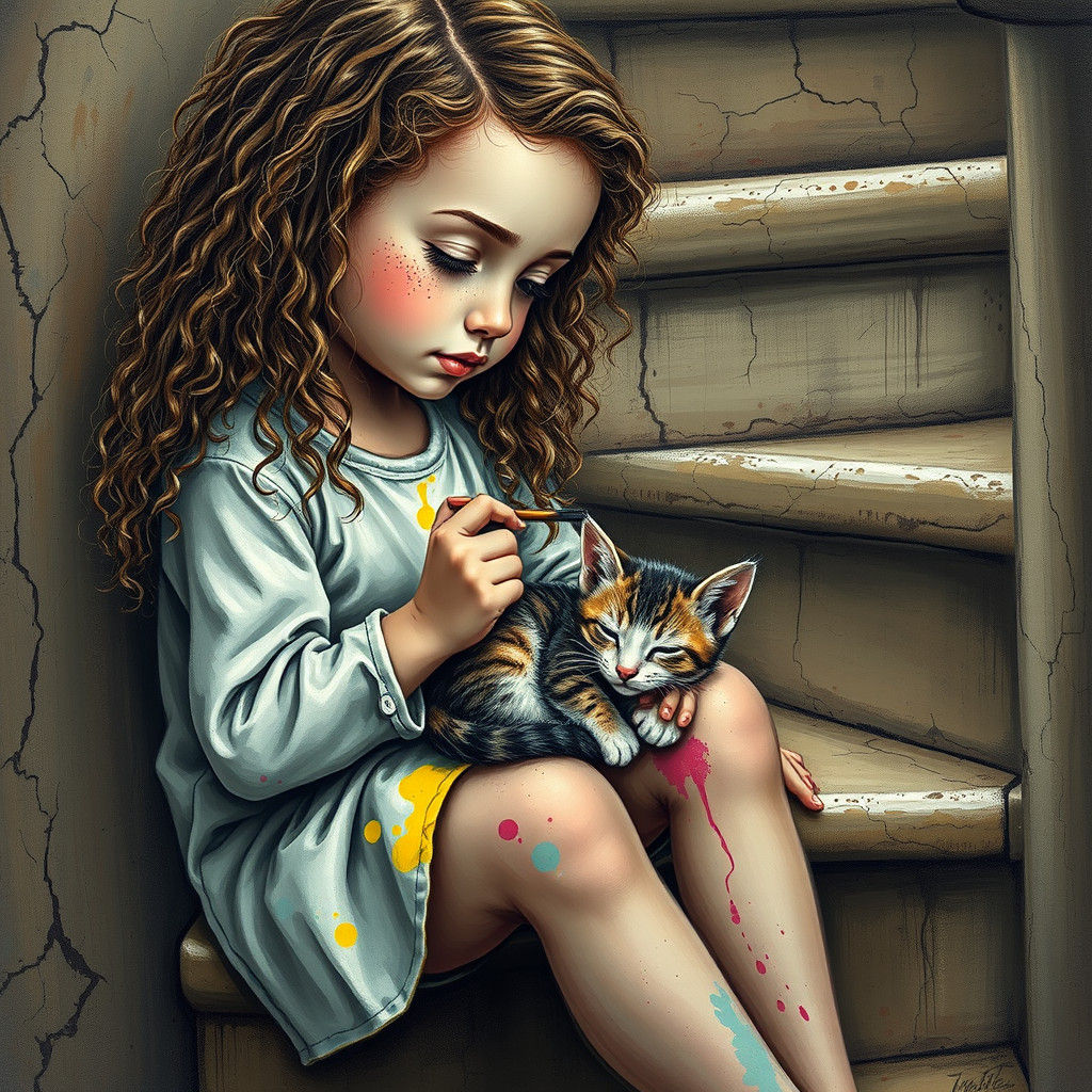 Girl with Kitten on Graffiti Staircase: Street Art