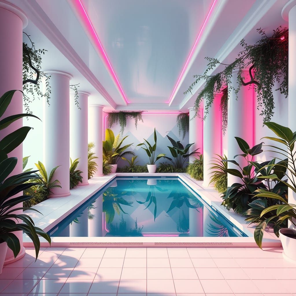 Vaporwave Liminal Space with Pool in Digital Art Style