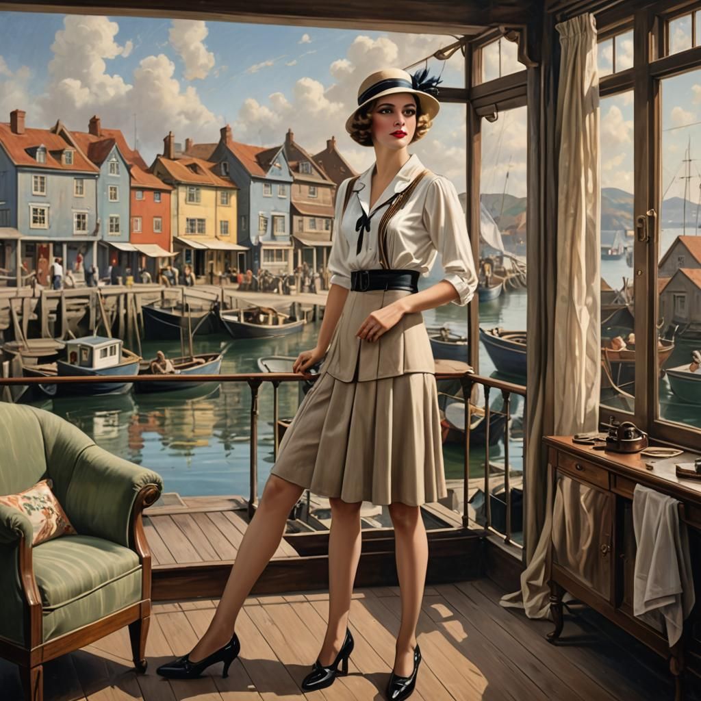 Chic 1920s Woman in Flapper Dress Overlooking Village