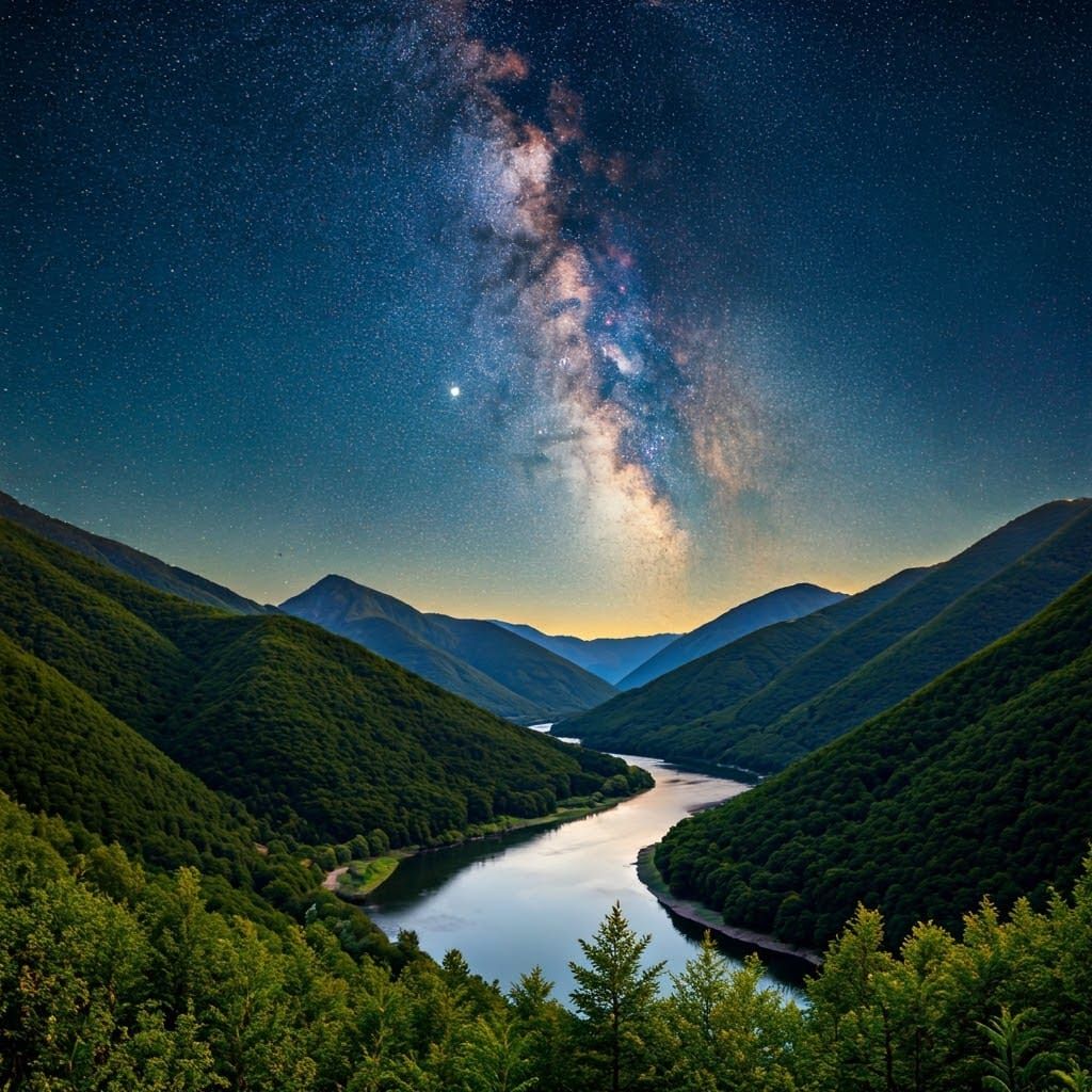 Starry River Landscape with Milky Way Galaxy