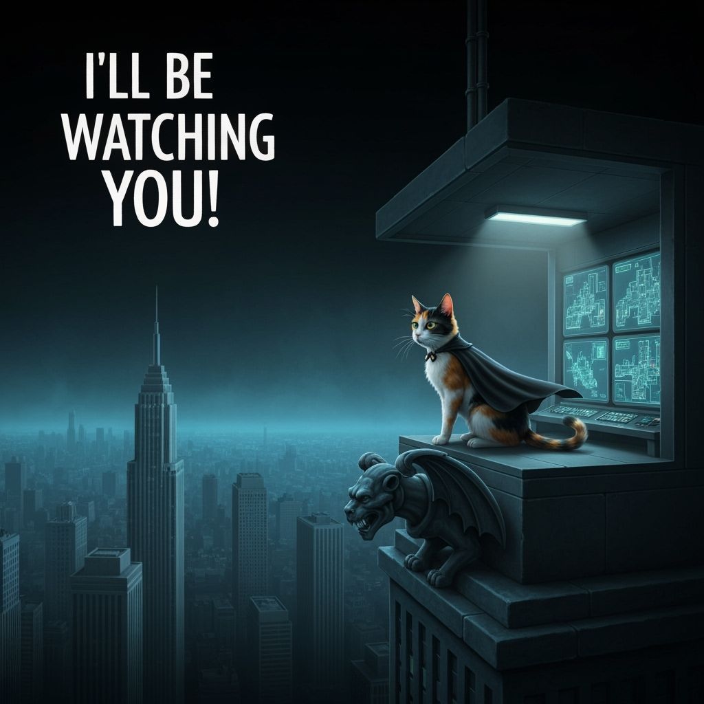 Sinister Calico Cat Supervillain Overlooking City