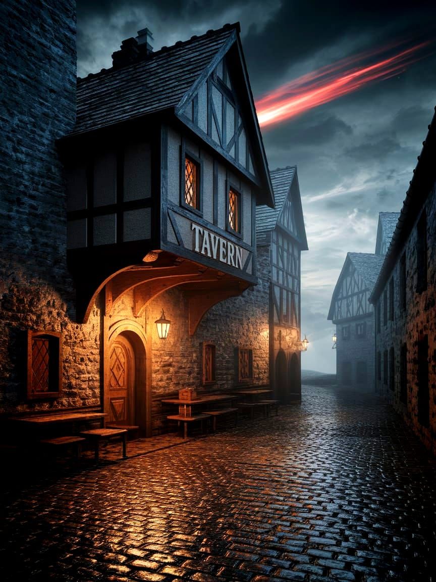 Medieval Tavern Under Stormy Sky with Red Comet