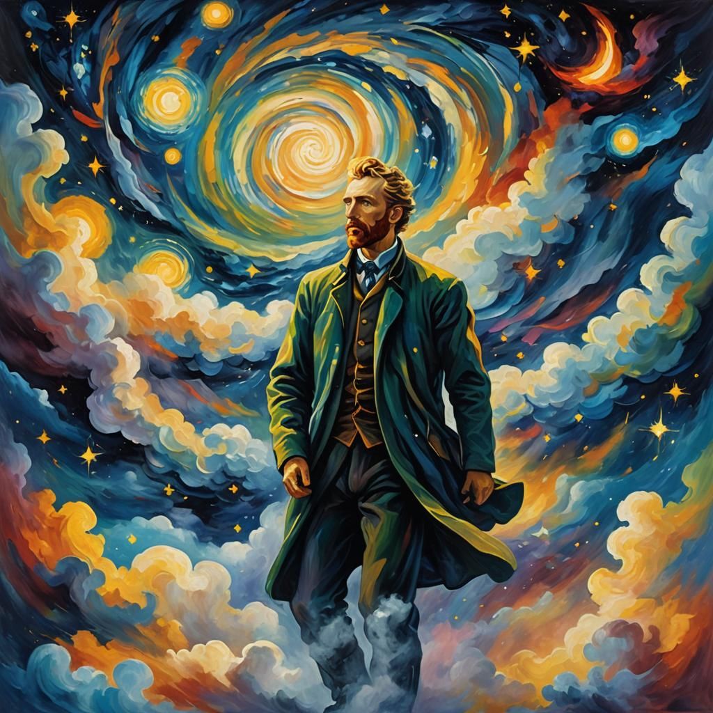 Mystical Figure in Vorticist Starry Night Oil Painting