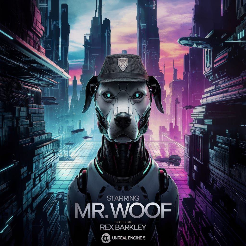 Robotic Dog Detective Film Poster: Cyberpunk Cityscape