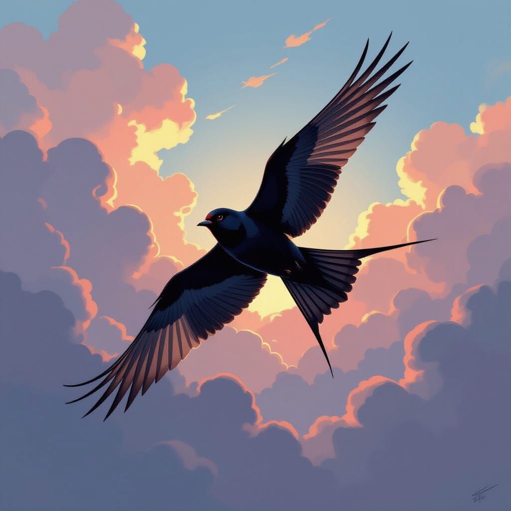 Black Swallow in Flight with Abstract Clouds