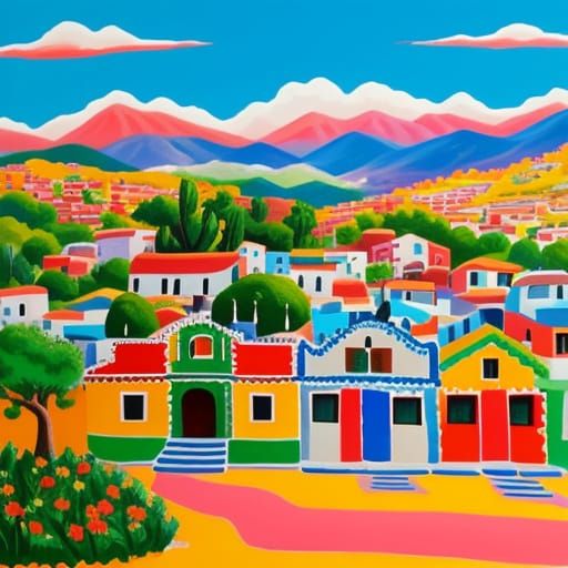 Charming Mexican Village Naive Art Gouache Painting