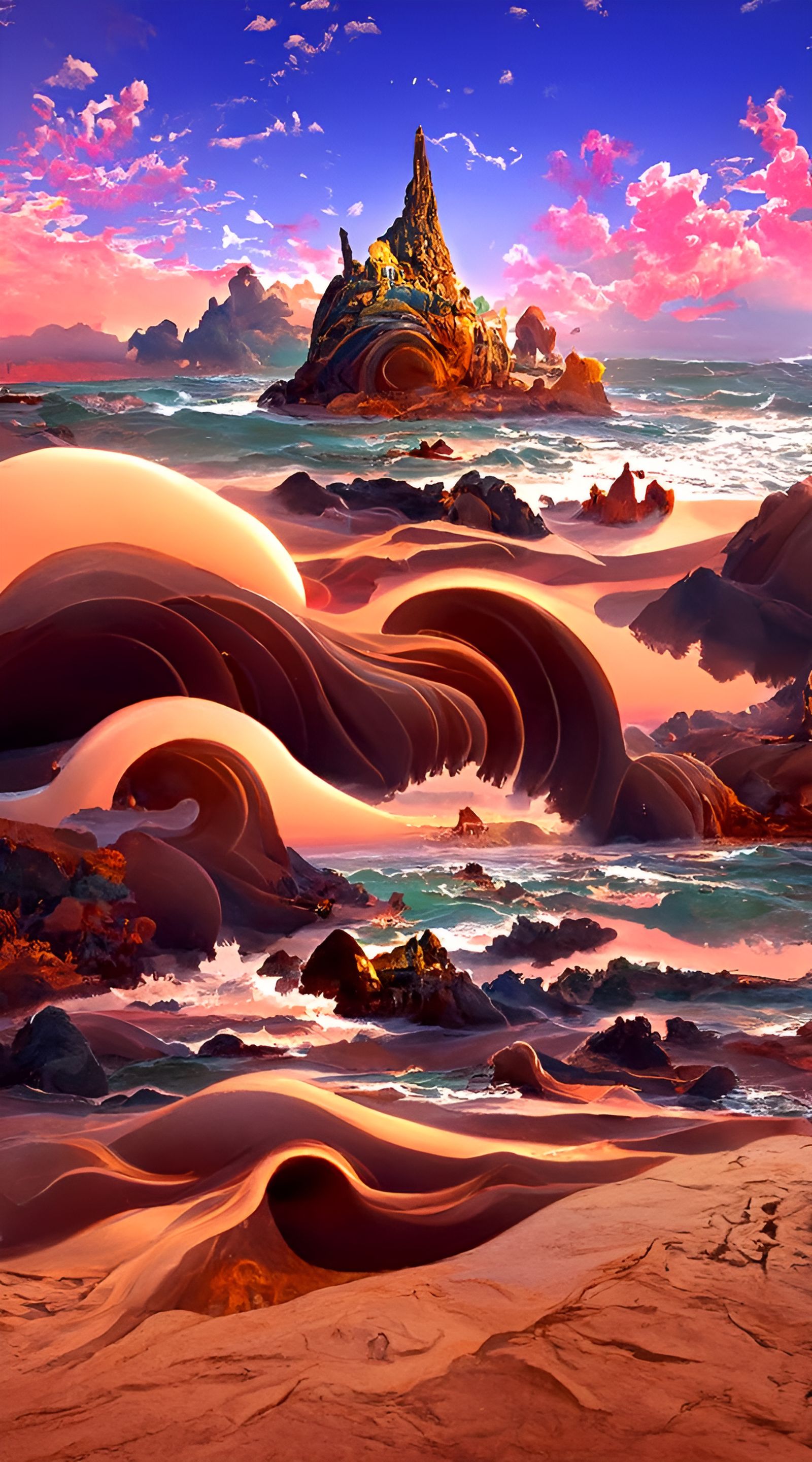 Psychedelic Beach Sunset in Ukiyo-e Style