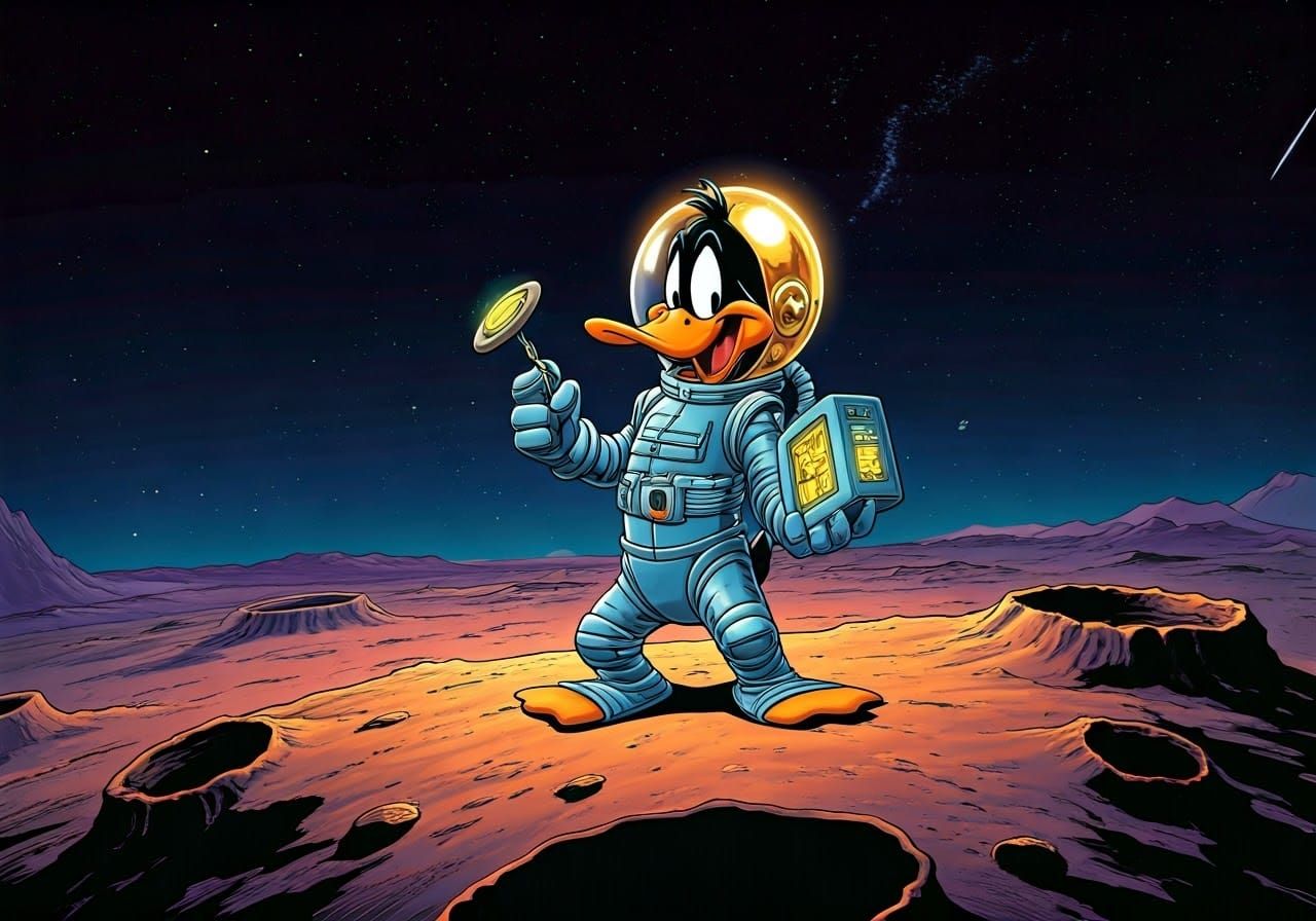 Daffy Duck as Astronaut Prospecting on Asteroid