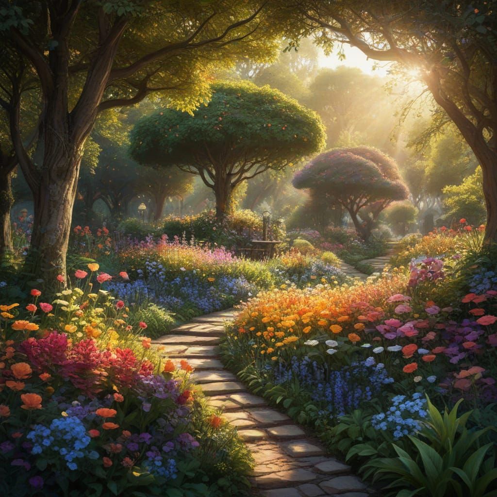 Vibrant Impressionist Garden in Golden Hour Light