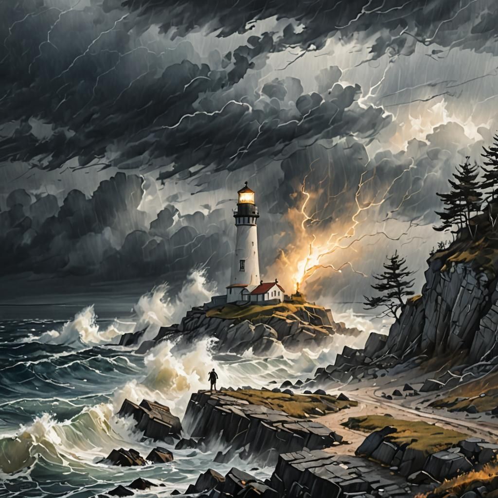 Stormy Coastline Sketch with Lighthouse