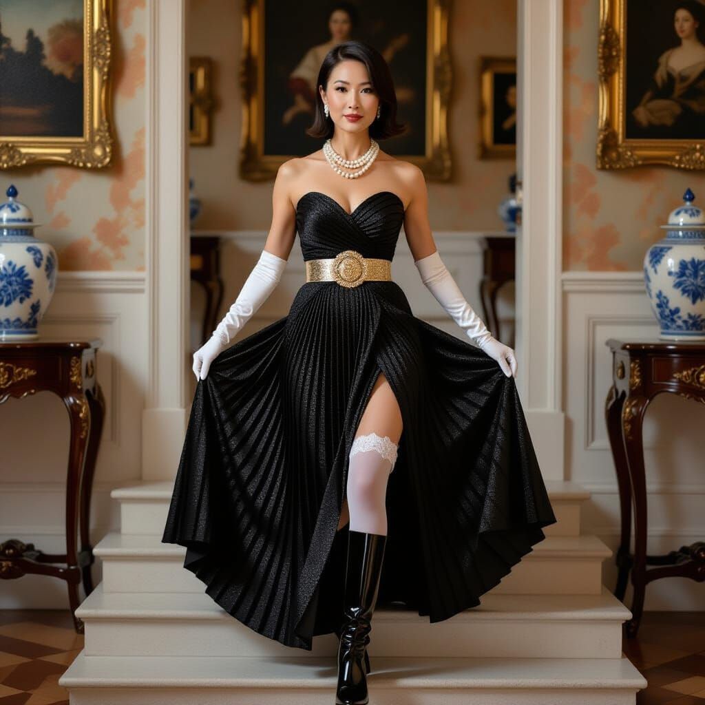 Elegant Woman in Gown Descending Stairs, Realistic Style