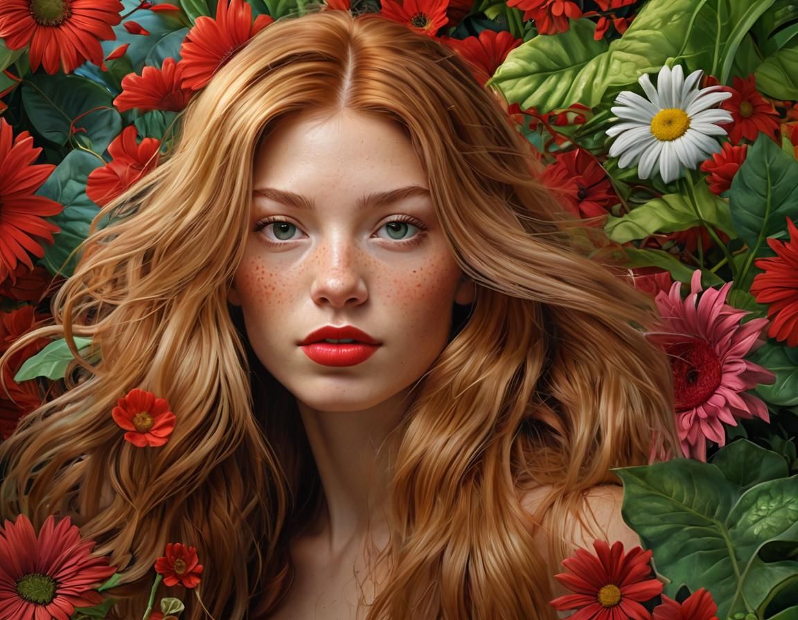 Vibrant Digital Portrait of Woman with Flowers