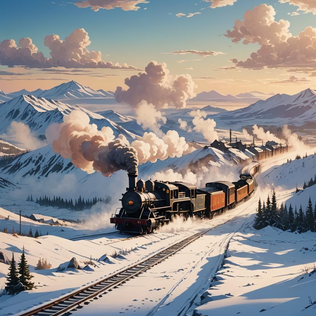 Anime Steam Train on Snowy Siberian Plains