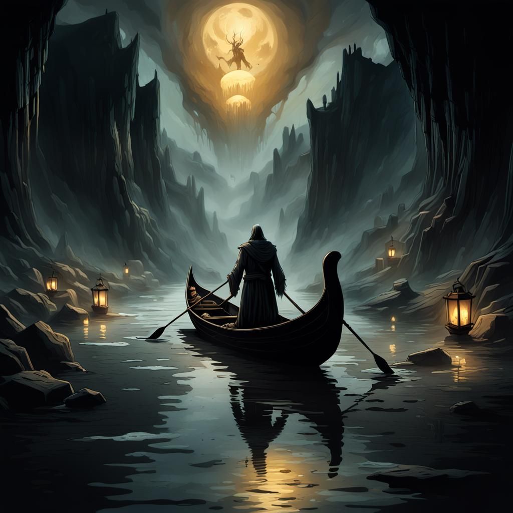 Charon's Ominous Voyage in Dark Fantasy Style