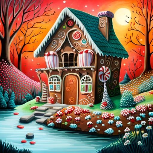 Hansel and Gretel witch house covered in candy, chocolate bars, peppermint, gumdrops, gingerbread men, forest glade, hap...