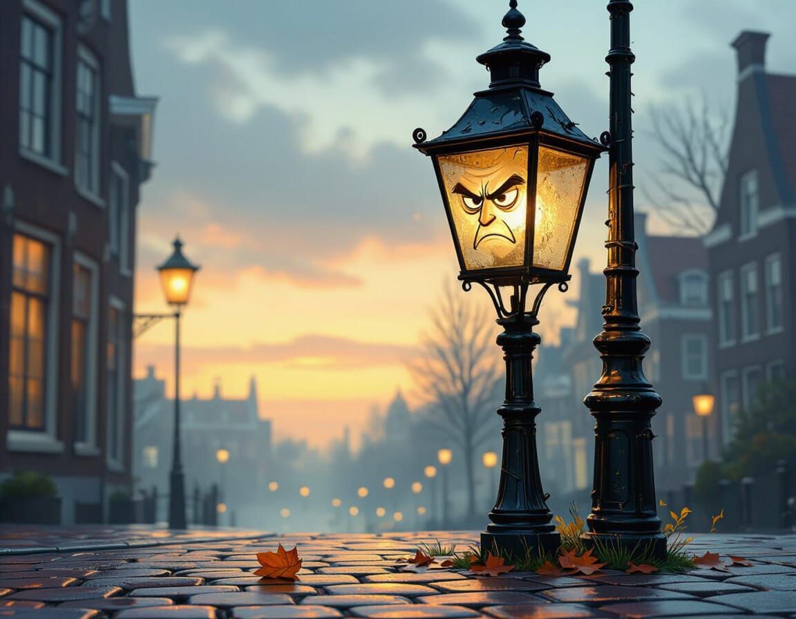 Grumpy Streetlamp on Cobblestone Street at Dusk